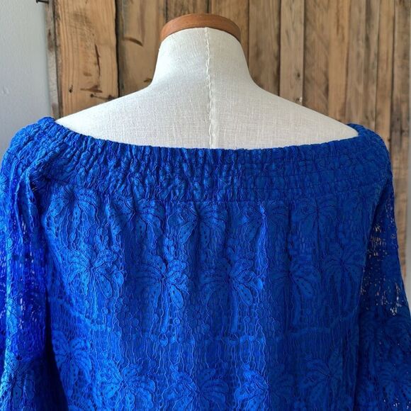 Lilly Pulitzer Women’s Sm Tobyn Top Ikat Cobalt Blue Palm Tree Lace Off Shoulder - Picture 9 of 14